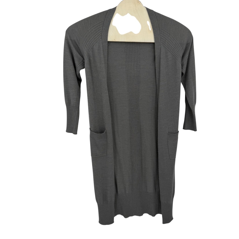 Tahari Merino Wool Cardigan Women M Gray Open Front Duster Ribbed Capsule